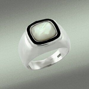 925 Sterling Silver White Jade Signet Ring Black Enamel Size 5